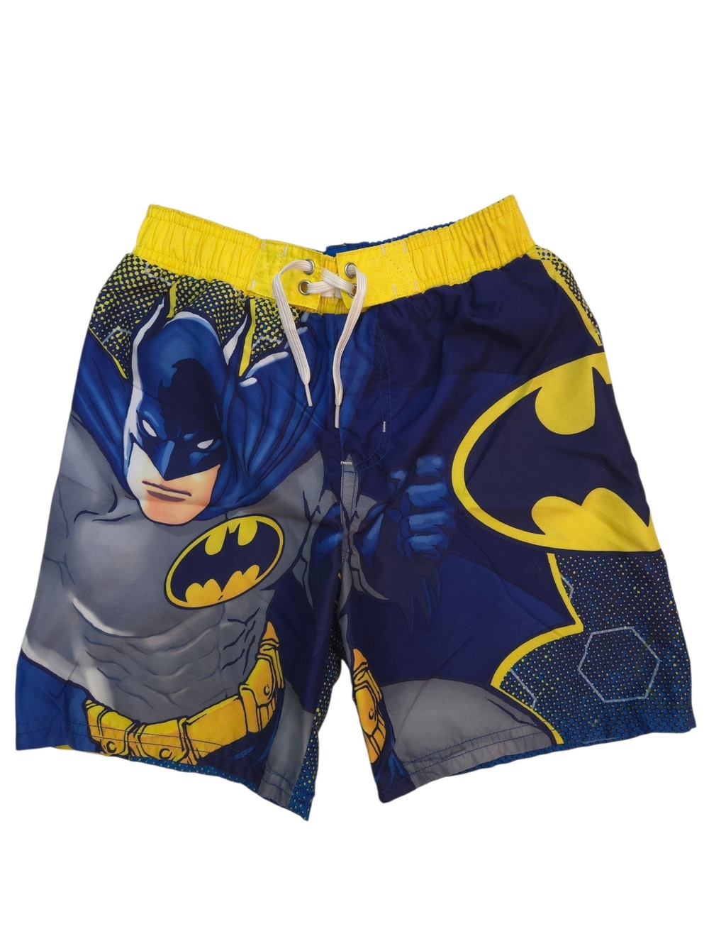 Batman Boys Swim Trunks Blue Yellow Logo Elastic Waist Size 6/7